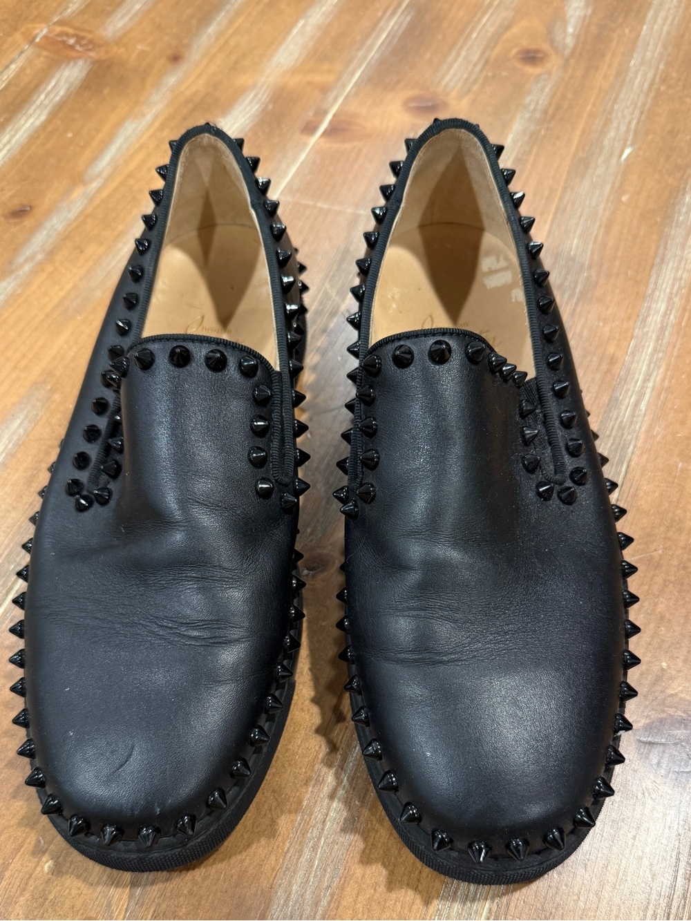 Christian Louboutin Pik Leather Slip On Sneakers 37.5 Black Spike Red Bottoms